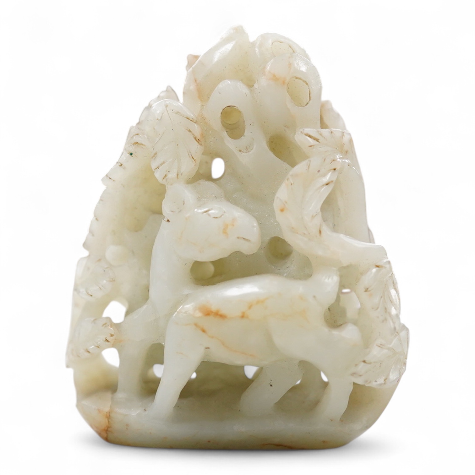 A Chinese pale celadon jade 'deer' pebble carving, 7cm high